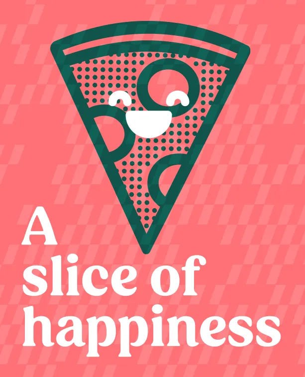 Pizza Novara wall art: a grinning slice of pizza beside “A slice of happiness”
