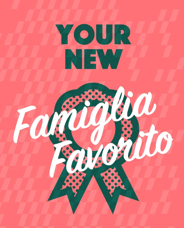 Pizza Novara wall art: a prize rosette reading “Your new famiglia favorito”