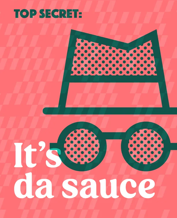 Pizza Novara wall art: a fedora and dark glasses — “Top secret: it’s da sauce”