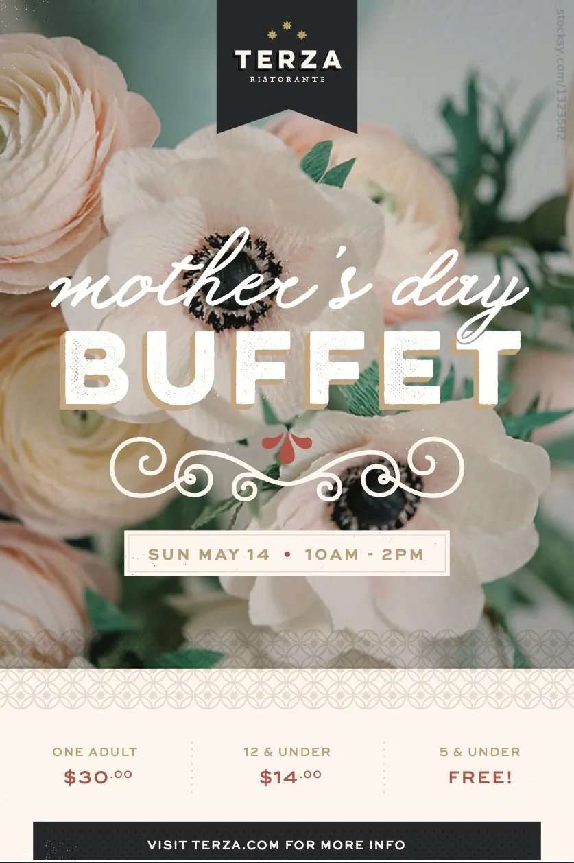 A Terza Mother’s Day buffet advertisement set over roses