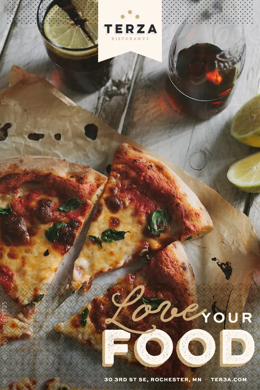 A Terza “Love your food” advertisement built around a pizza and a cocktail