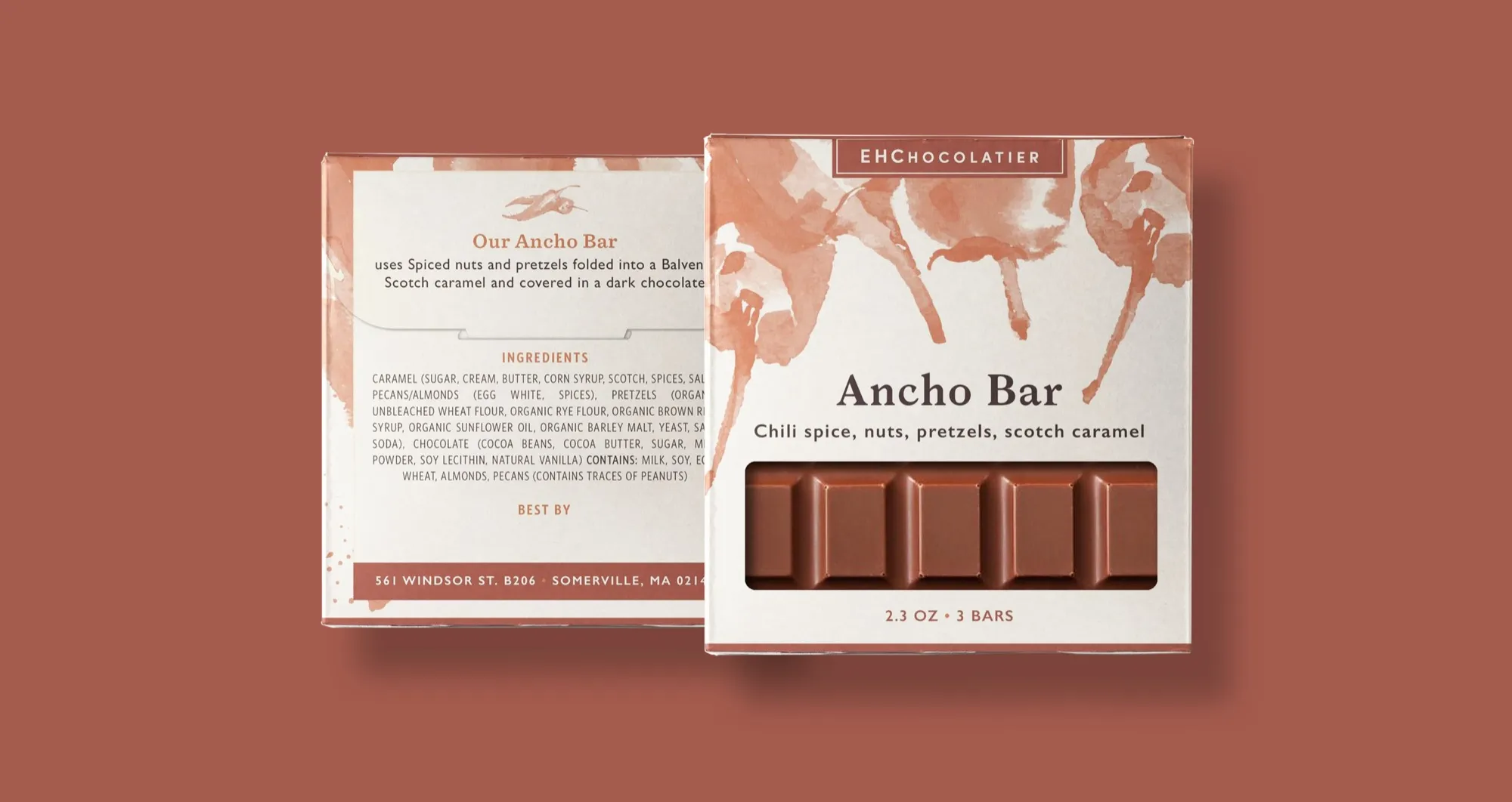 The Ancho Bar box, front and back, on a terracotta field — ingredients and description on the reverse