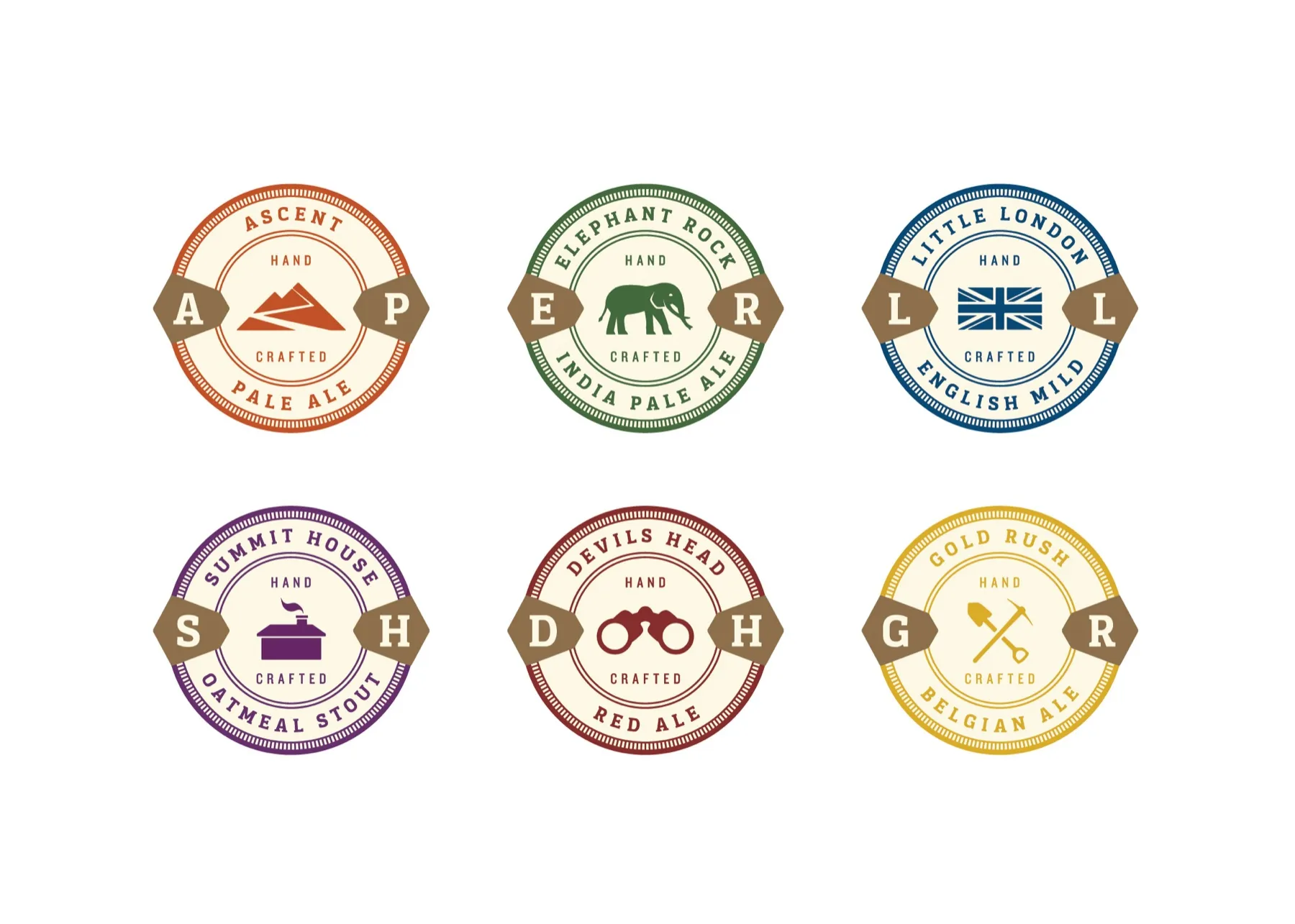 Six circular beer badges, one per variety — an elephant, a lantern, binoculars, a cabin, a pick and shovel — each in its own color