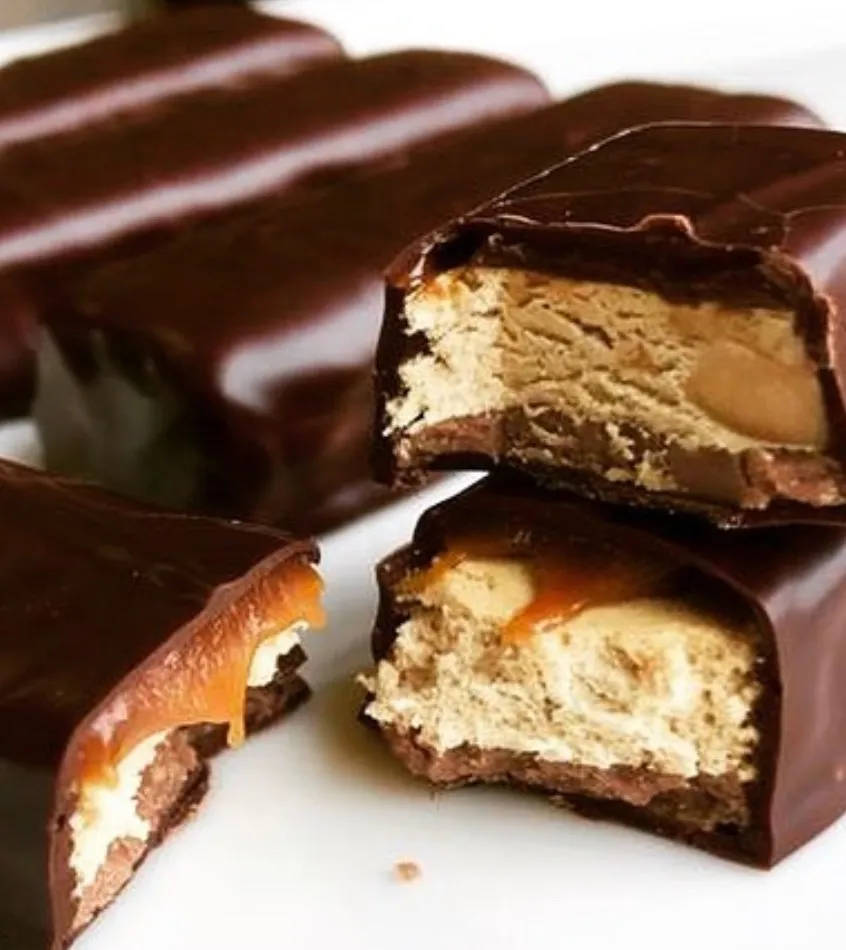 Enrobed bars stacked on a plate, one cut to show the layered center