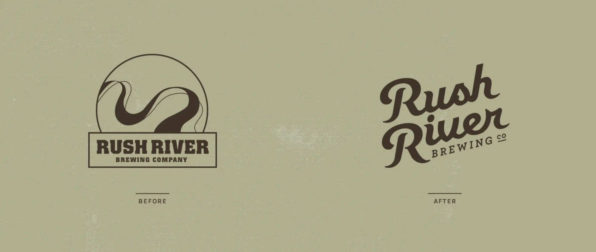 Before and after: the abstract river symbol with blocky type beside the new Rush River script
