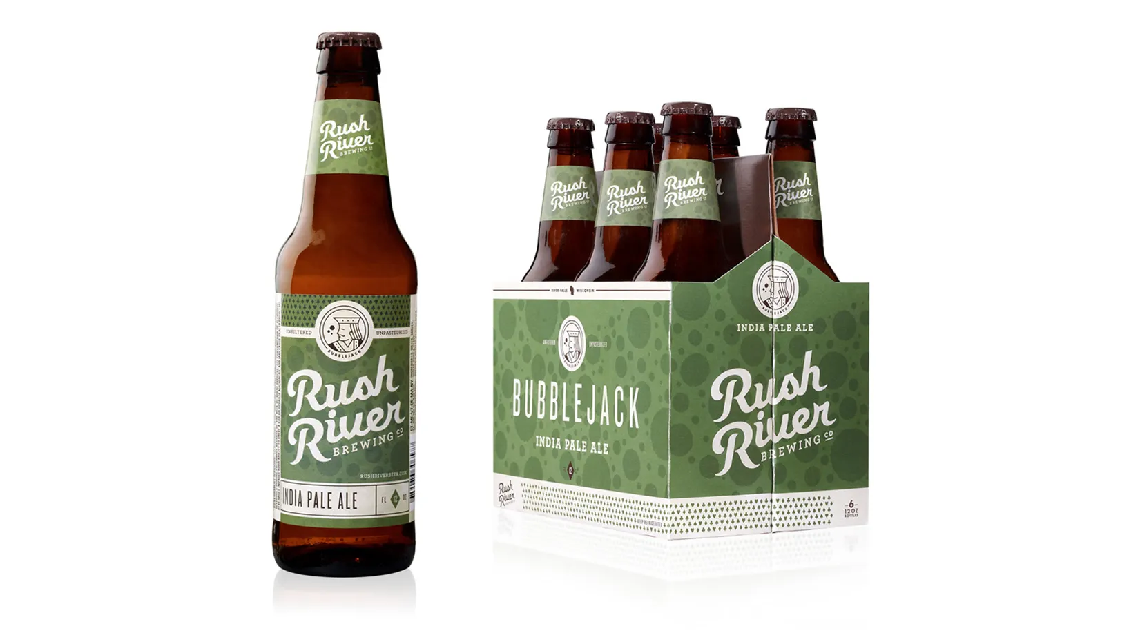 A single Bubble Jack bottle beside its six-pack carrier, the script vertical on the bottle and horizontal on the box