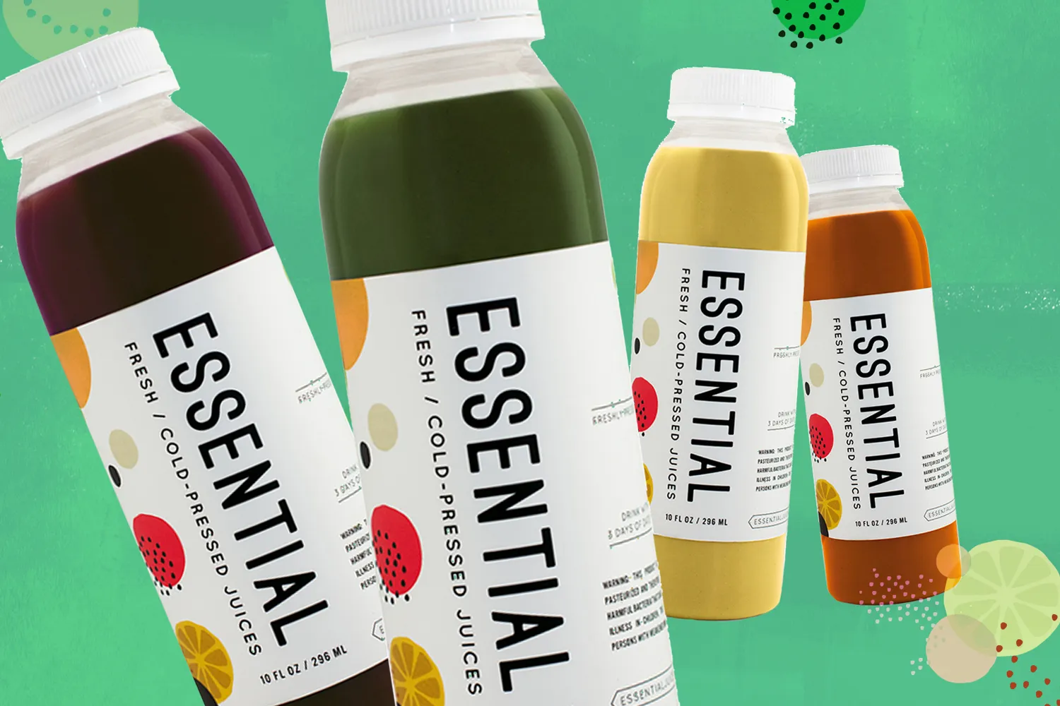 Four Essential bottles on a green ground, labels forward