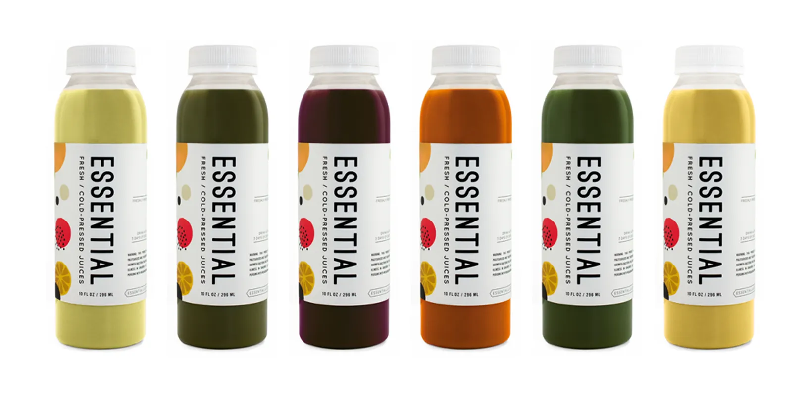 The six-bottle product family, labels facing forward