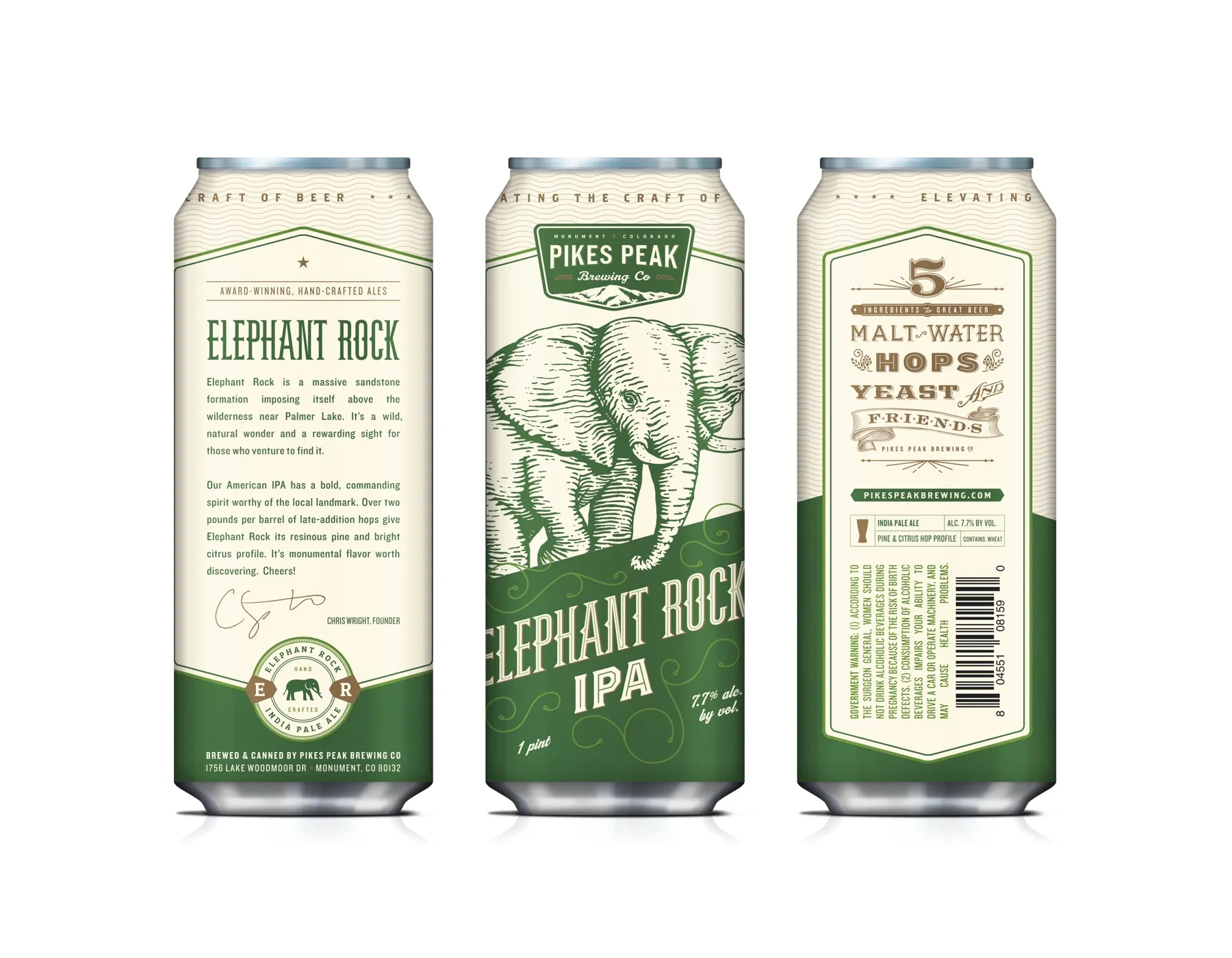 The Elephant Rock IPA can flattened to its three panels — story, illustration and the five-ingredients back