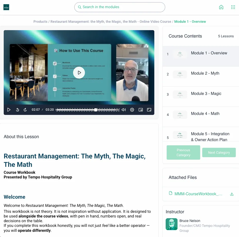 The course player: Module 1 – Overview playing with Bruce Nelson on camera, and the five modules listed under Course Contents