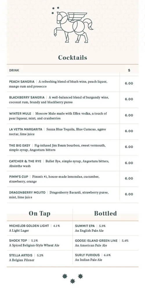 The La Vetta drink list, cocktails above draft and bottled beer, the winged horse at the head