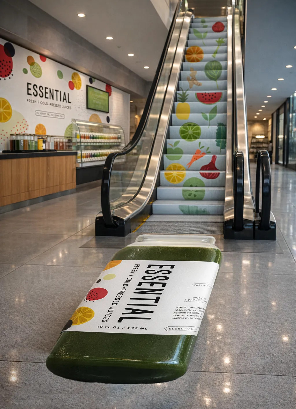 A mall escalator wrapped in ingredient graphics flowing down toward an oversized Essential bottle at the base