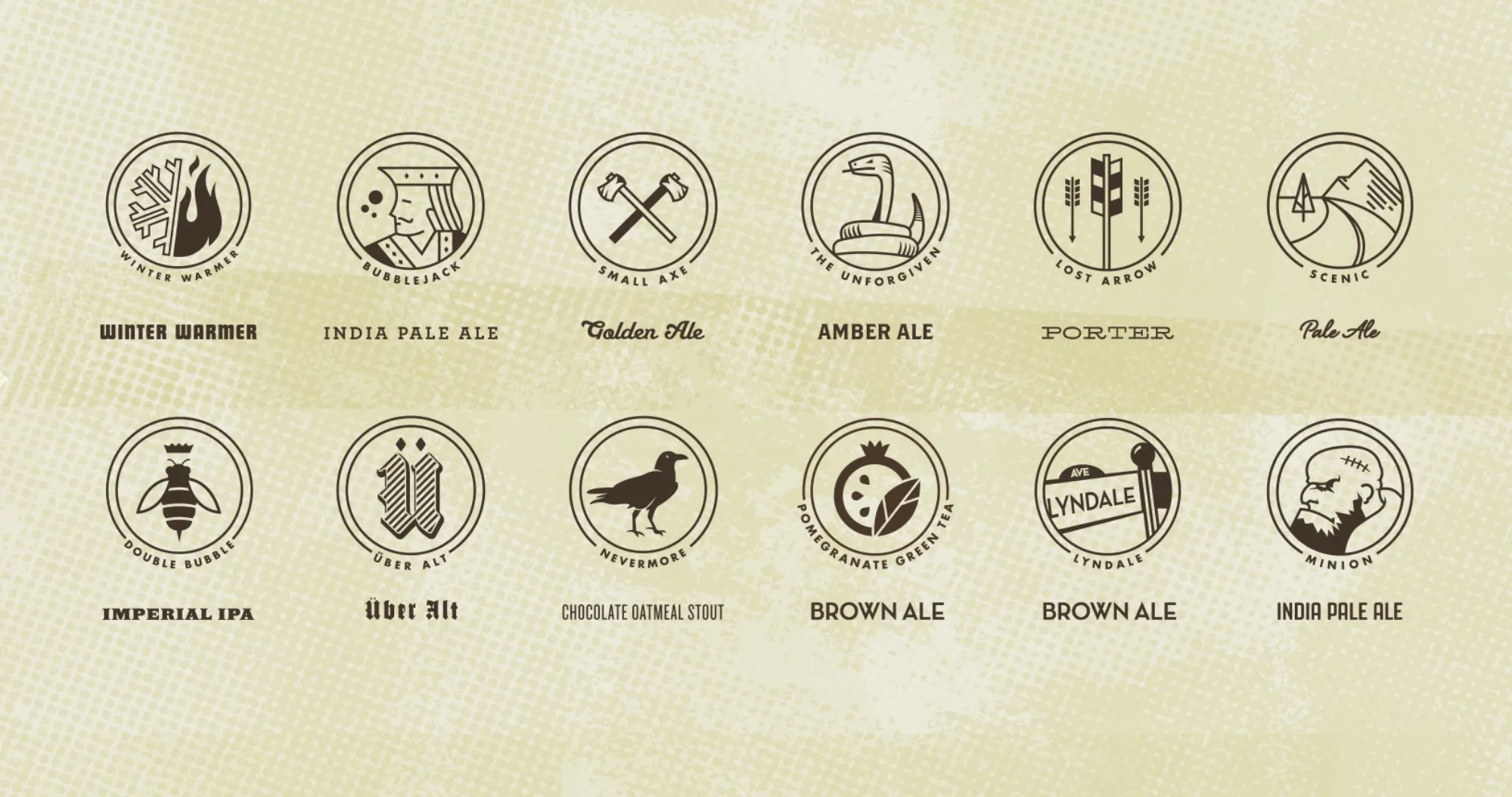 Twelve circular flavor icons on cream — a bee, a crow, crossed axes, a snake, hops — one per beer