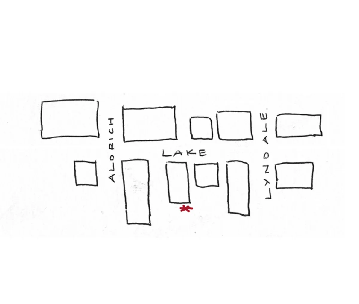 A hand-drawn map of the Lake Street blocks between Aldrich and Lyndale, with a red X marking the unmarked entrance