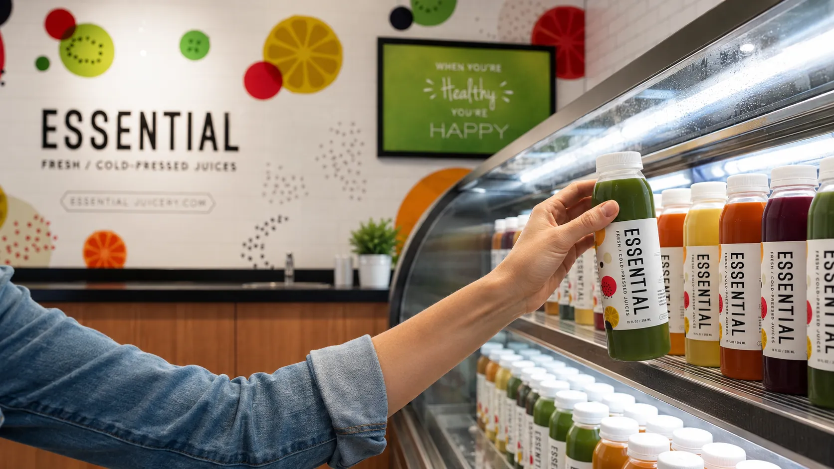 A hand lifting a bottle from the Essential Juicery cold case, the branded counter behind