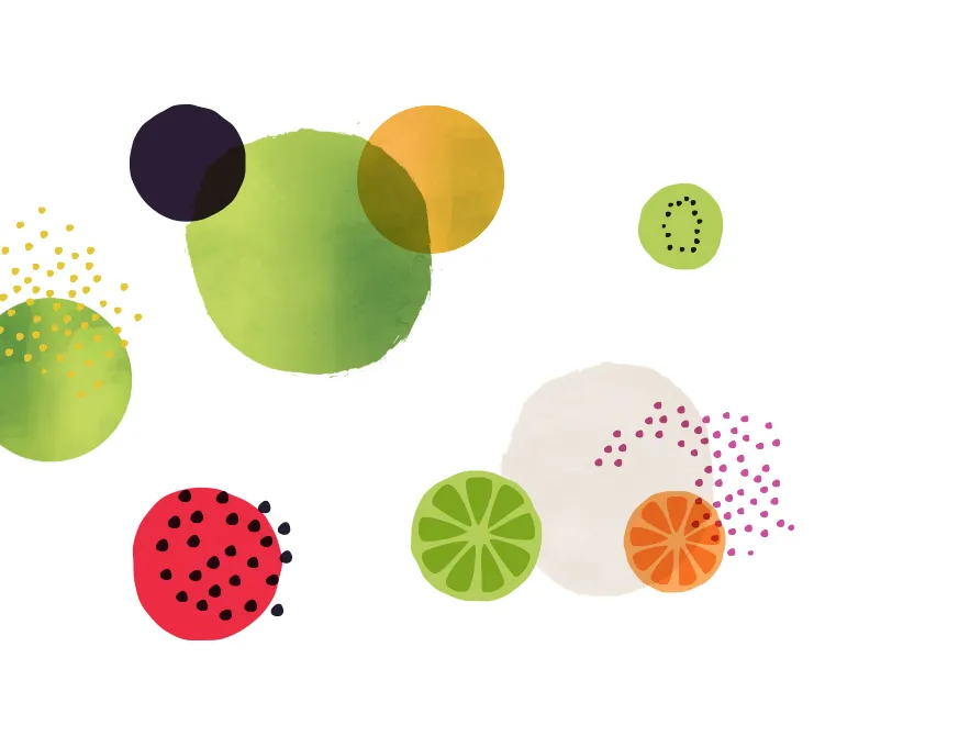 The ingredient illustration system: overlapping circles of citrus, berry, kiwi and seed shapes