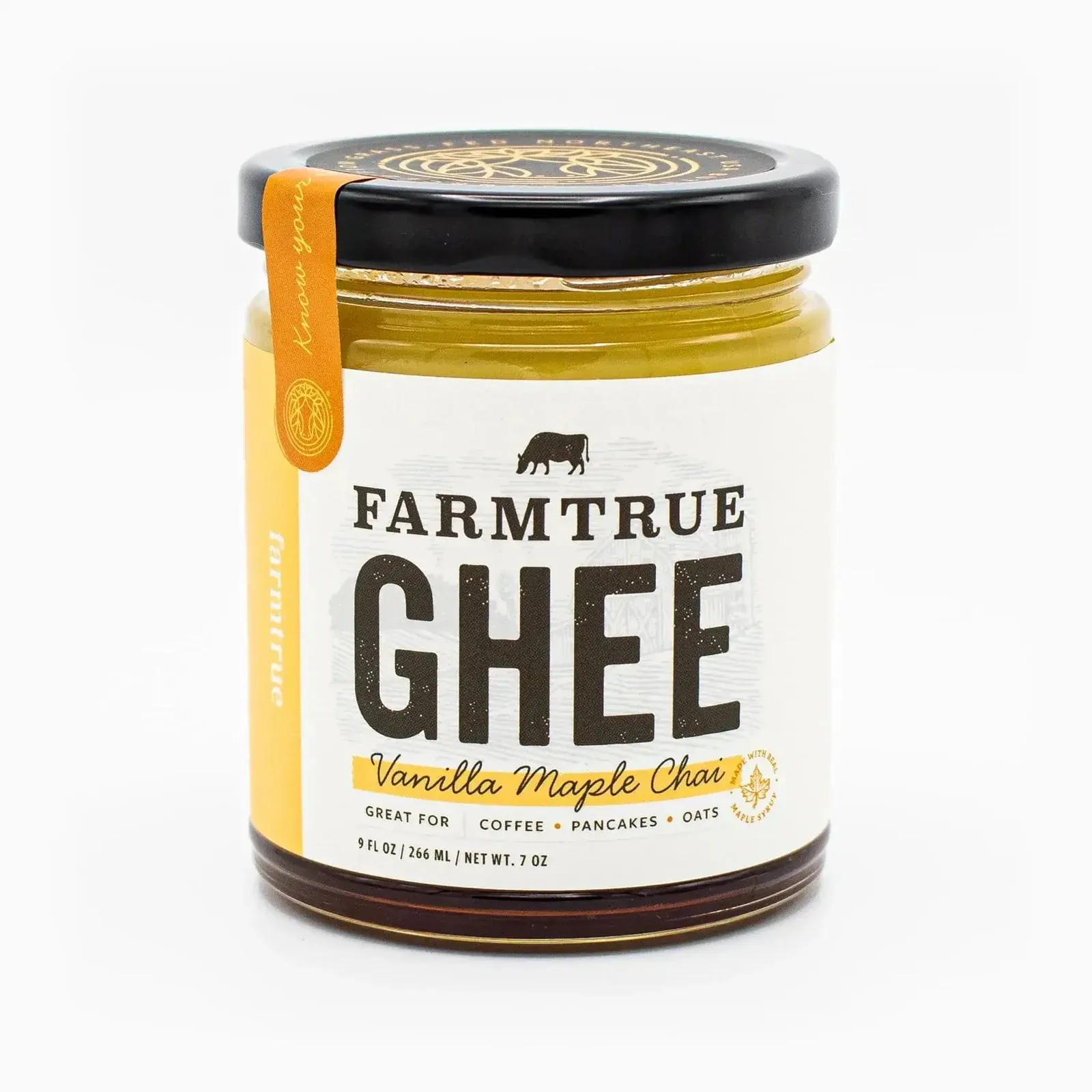 Vanilla Maple Chai ghee — the white-labelled jar with an orange tab