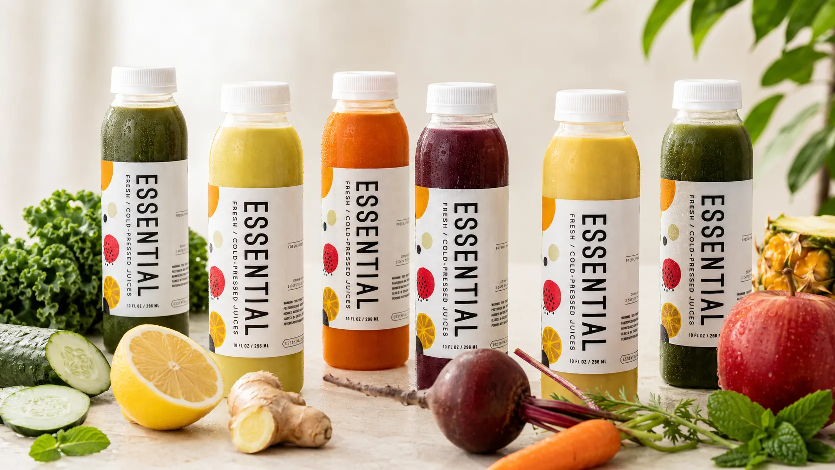 Six Essential Juicery bottles in a row, surrounded by the whole fruit and vegetables they are pressed from