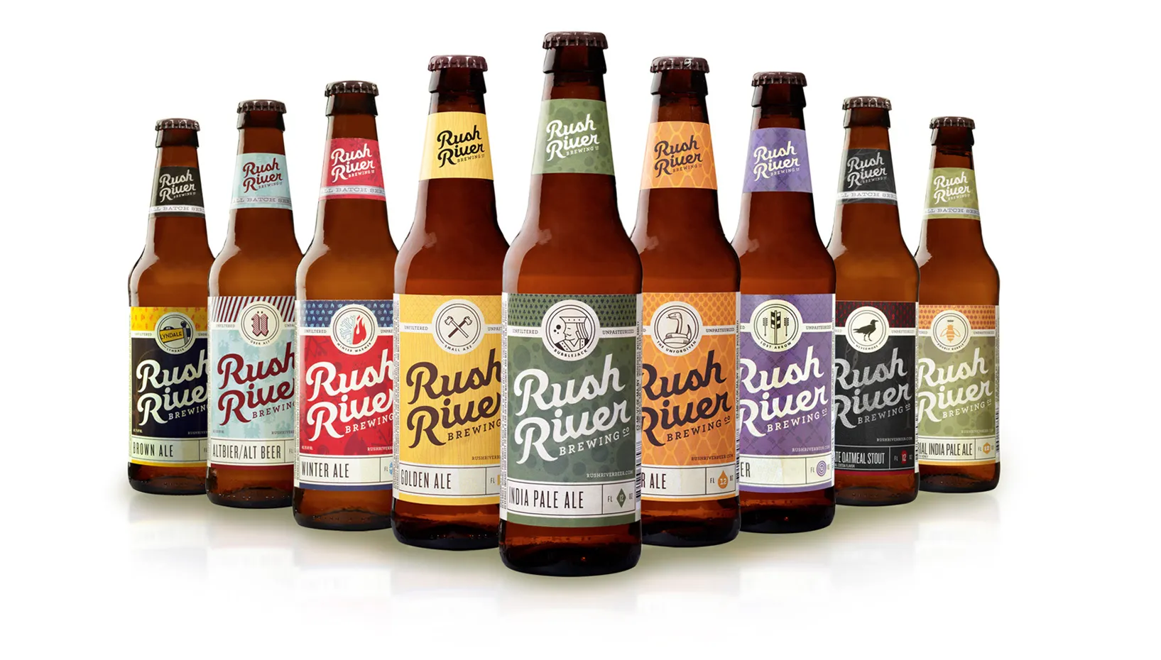 Ten Rush River bottles in a row, every label a different color under the same script