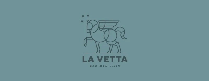 The La Vetta / Bar Nel Cielo lockup in cream on sky blue-green, the winged horse above the name