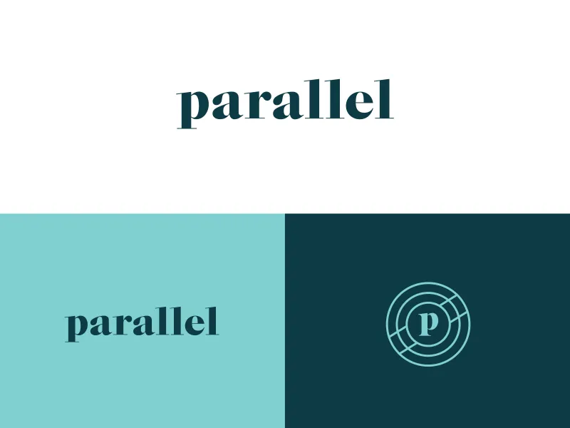 The Parallel wordmark on white, then reversed on aqua and deep teal beside the circular P mark