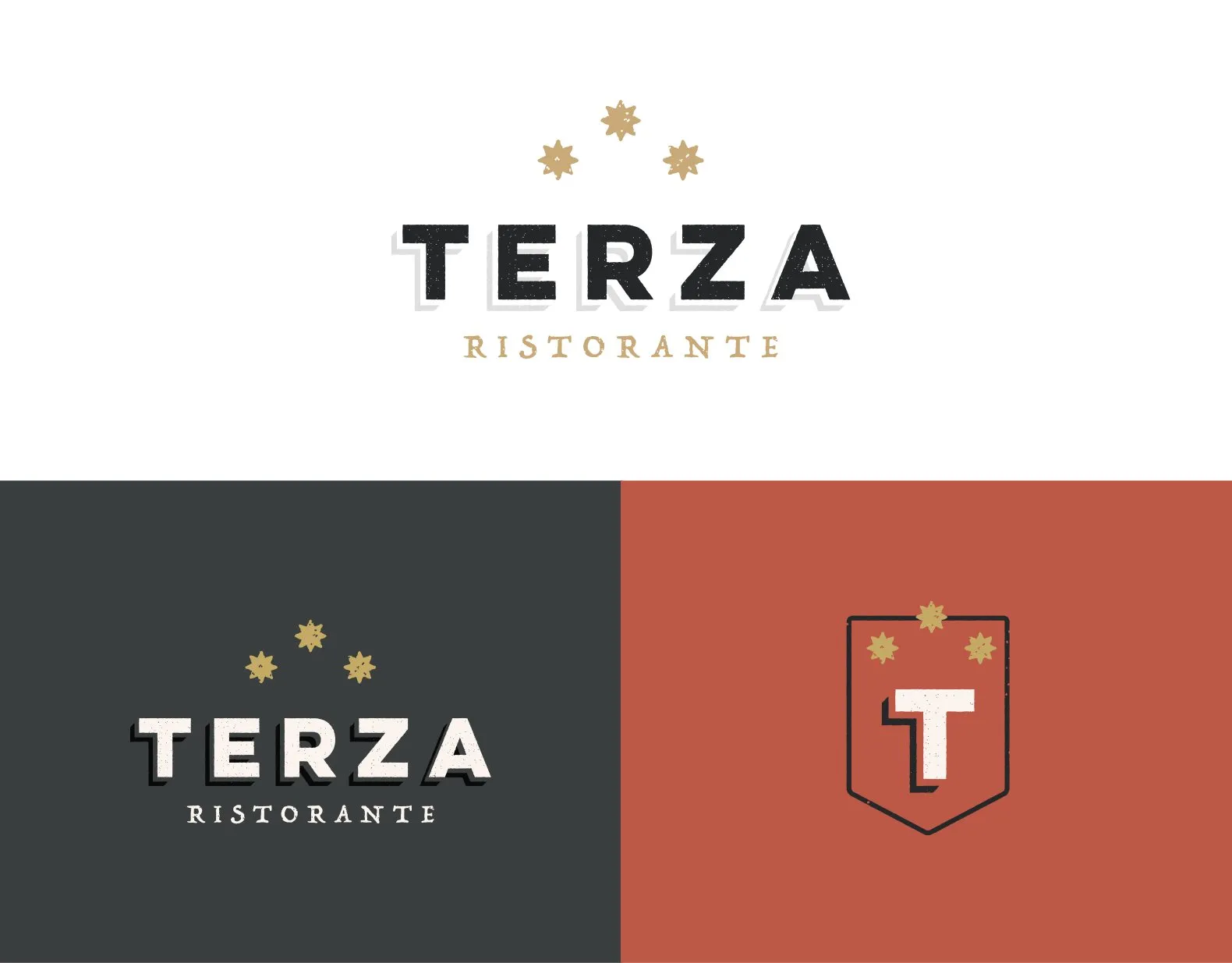 The Terza Ristorante wordmark in three treatments: primary, reversed on charcoal, and a secondary T crest on terracotta