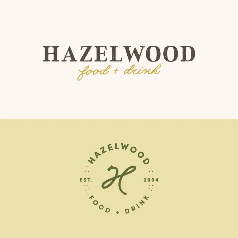 The Hazelwood food + drink wordmark above the circular H badge, Est. 2004, on a pale gold ground