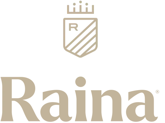 The Raina crest — a crowned shield with a monogram R — above the serif wordmark, in gold