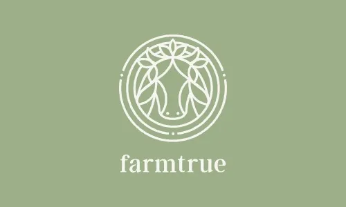 The FarmTrue mark on green — a cow’s head inside three rings, crowned with leaves — above the wordmark