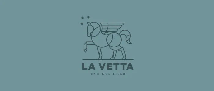 A La Vetta matchbox, the winged-horse mark and lockup on blue-green