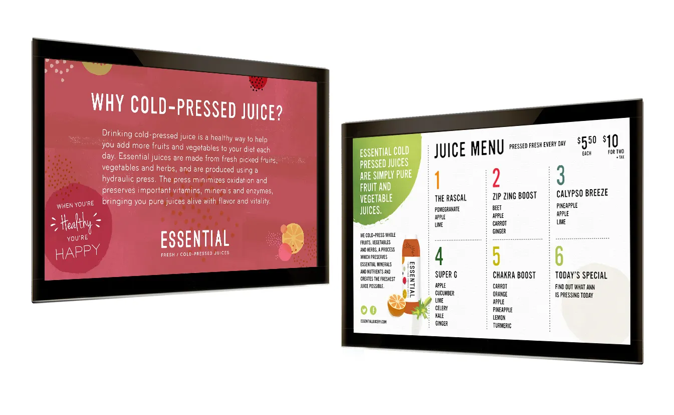 Two digital menu boards: why cold-pressed juice, and the numbered juice menu