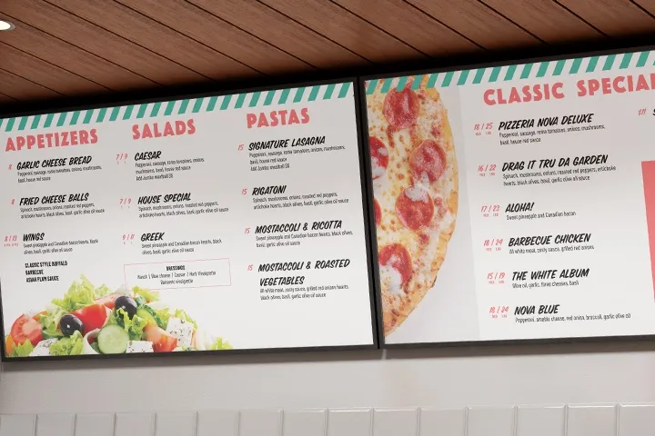 Two Pizza Novara digital menu boards under the wood-slat ceiling: appetizers, salads and pastas on one, the classic specials and a pepperoni pizza on the other