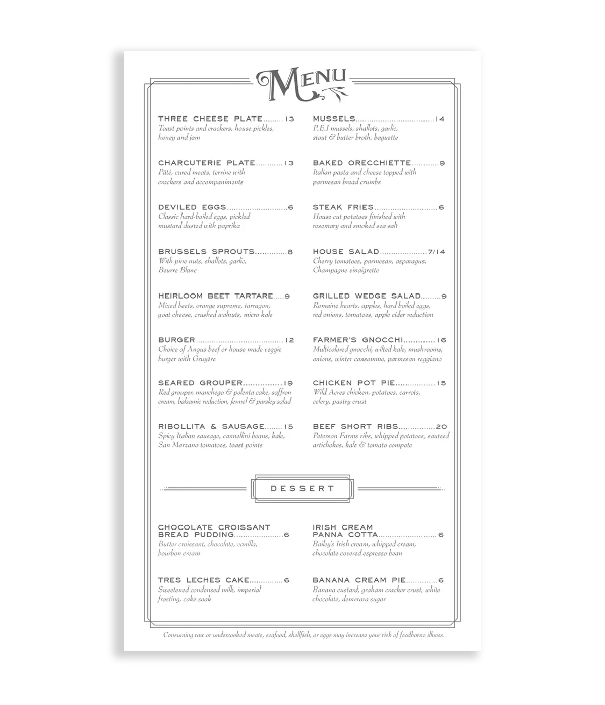 The Volstead’s Emporium food menu, set in period type inside a fine ruled border