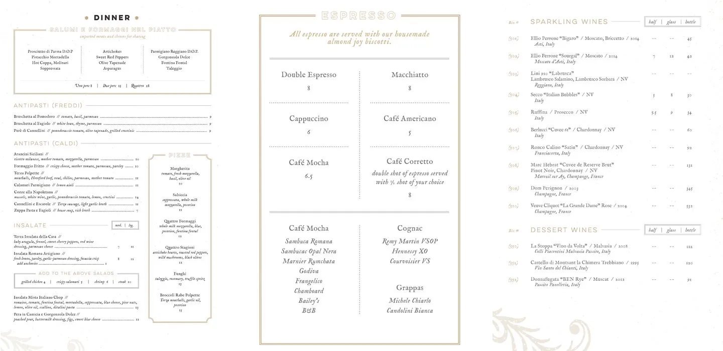 Dinner, espresso and wine menus for Terza Ristorante, sharing one typographic system