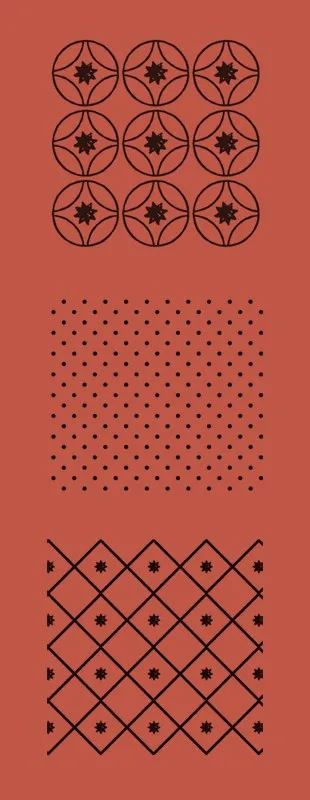 Three Terza graphic patterns — rosette, dot and lattice — drawn in black on terracotta, run as a vertical band