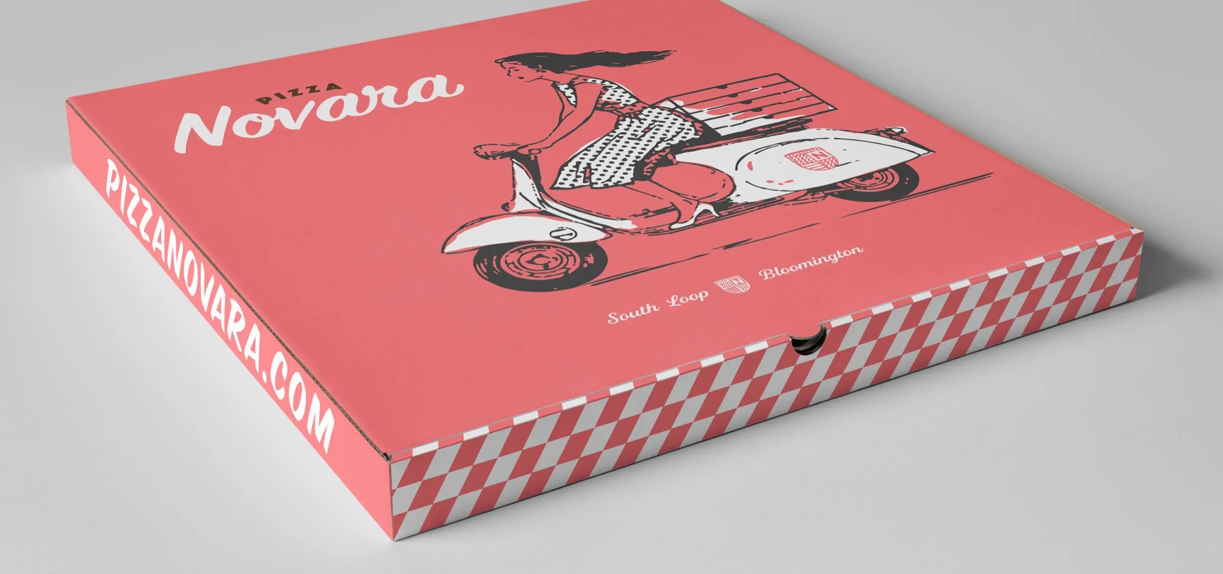 A Pizza Novara delivery box: coral lid carrying the Novara script and an illustration of a woman riding a scooter with a pizza box on the back, the long side printed pizzanovara.com and the edge banded in red and white check