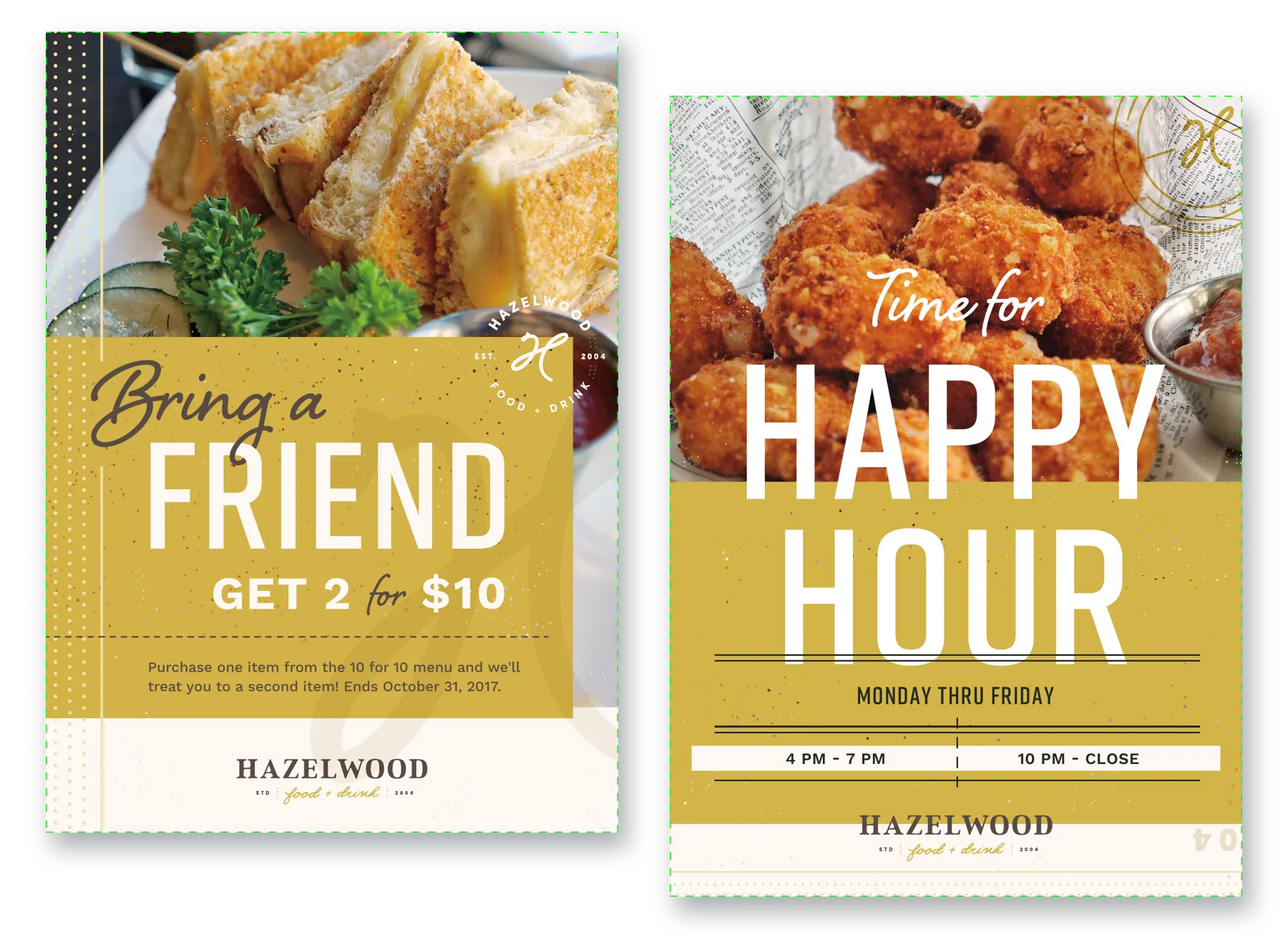 Two Hazelwood direct-mail postcards: ‘Bring a Friend, get 2 for $10’ and ‘Time for Happy Hour’