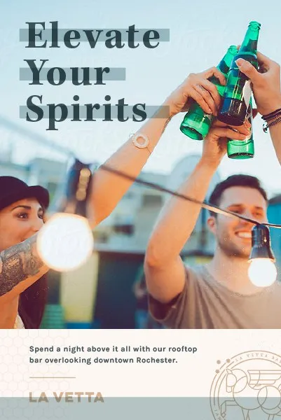 An “Elevate Your Spirits” poster: guests touching bottles together under string lights, the La Vetta wordmark beneath
