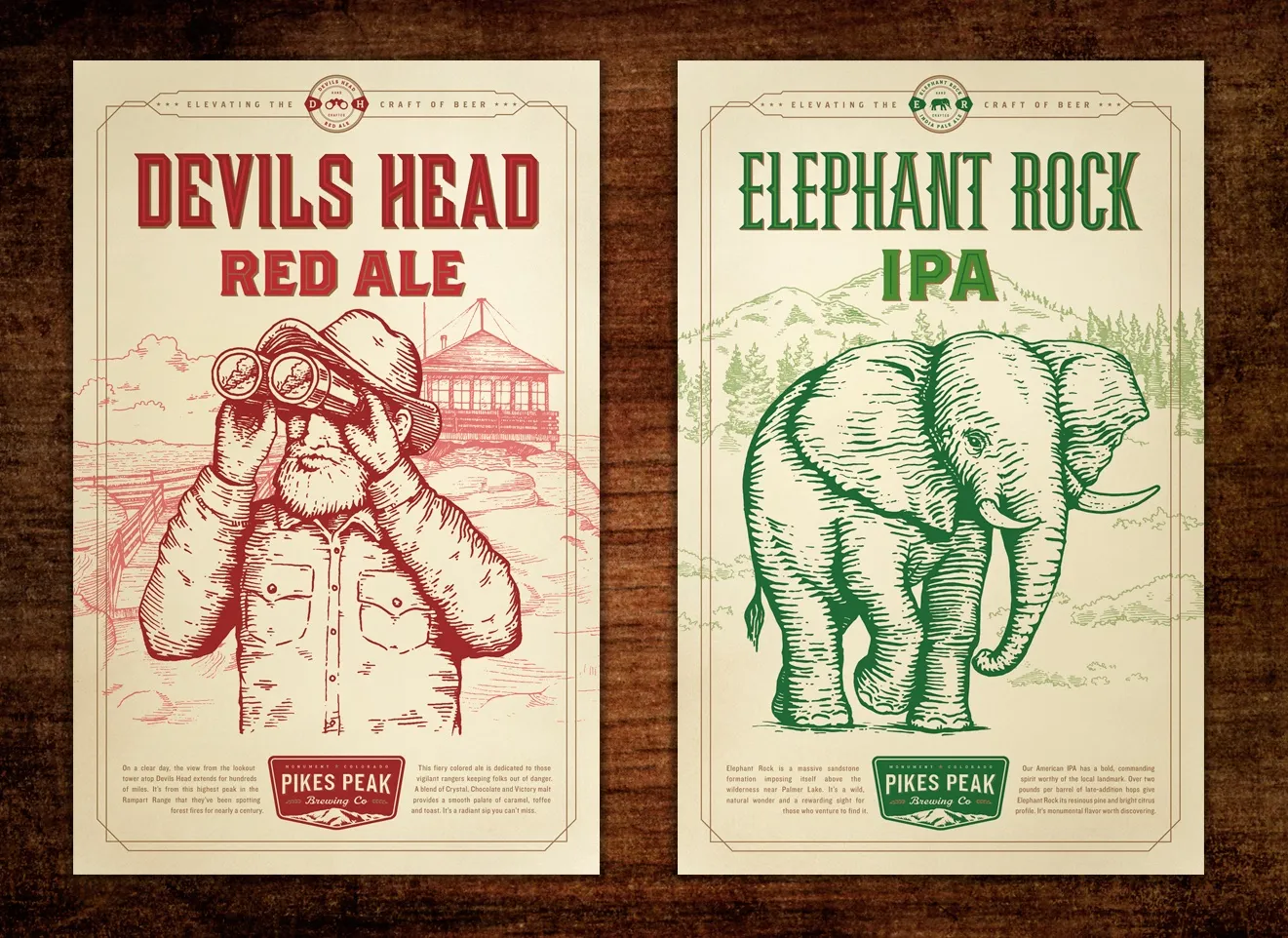 Devils Head Red Ale and Elephant Rock IPA posters on a wood wall
