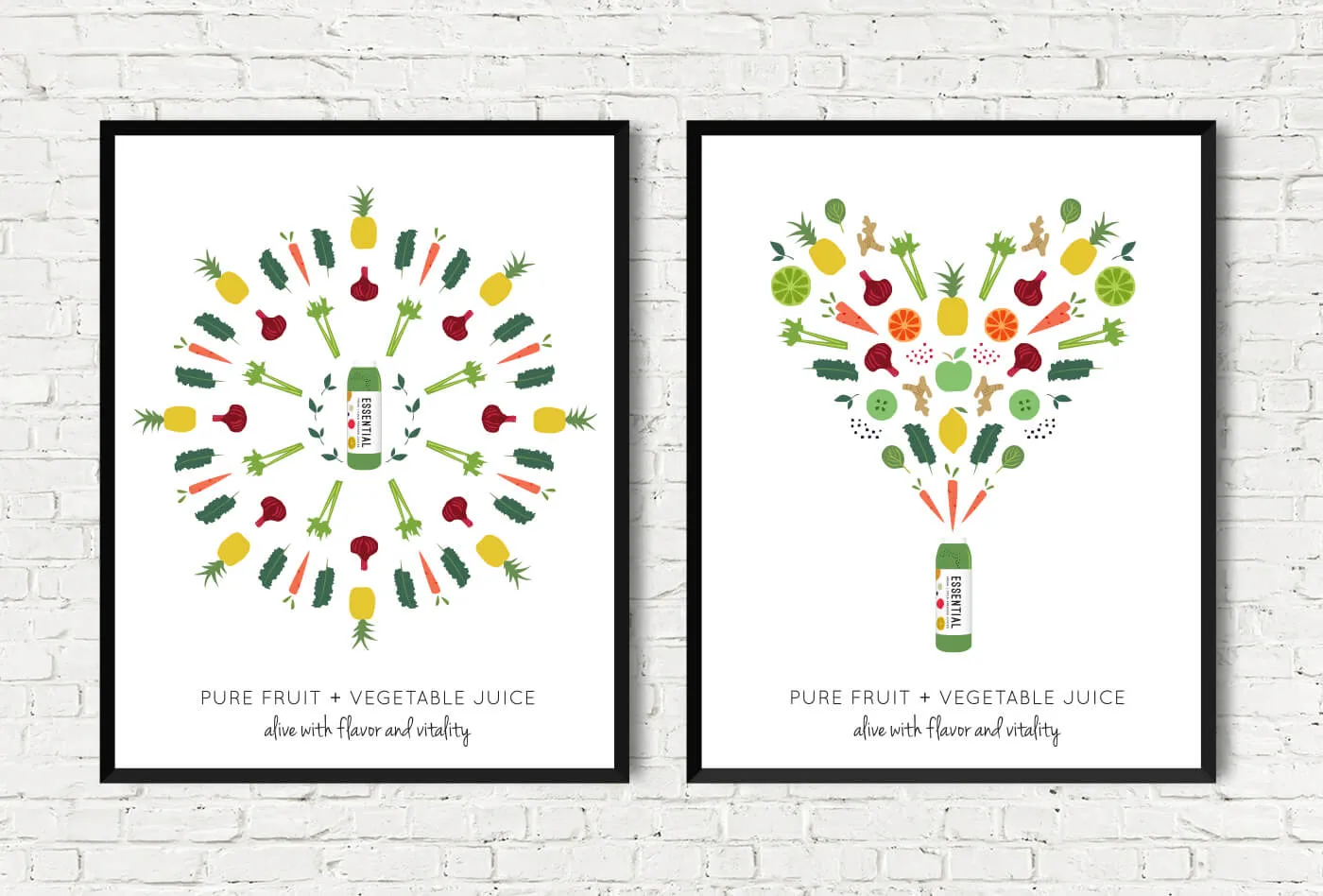 Two framed posters arranging ingredient illustrations into a starburst and a bottle
