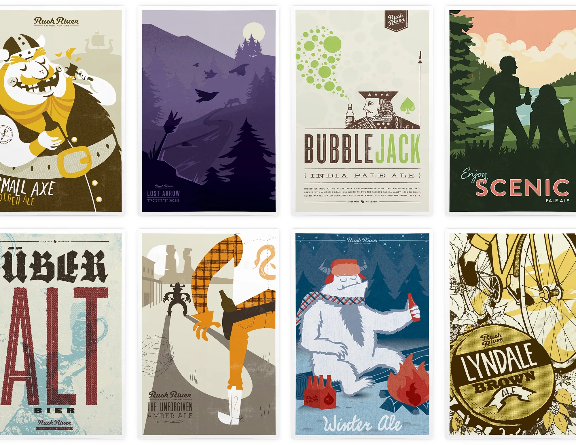 A row of illustrated beer posters — Small Axe, Bubble Jack, Über Alt, Lyndale Brown, Winter Ale — each in its own palette