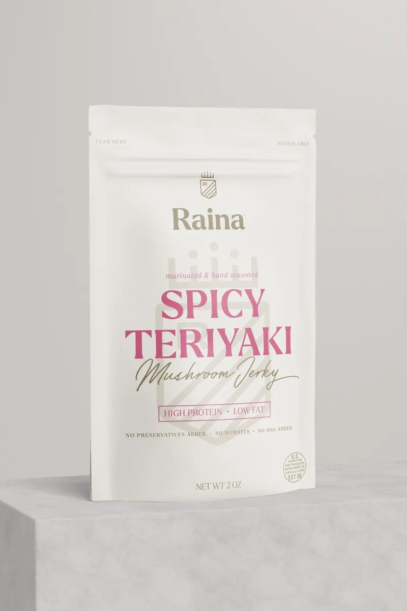 Spicy Teriyaki mushroom jerky — the cream pouch