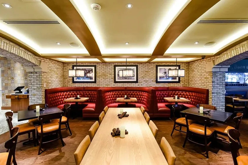 A long communal table running down the centre of the room