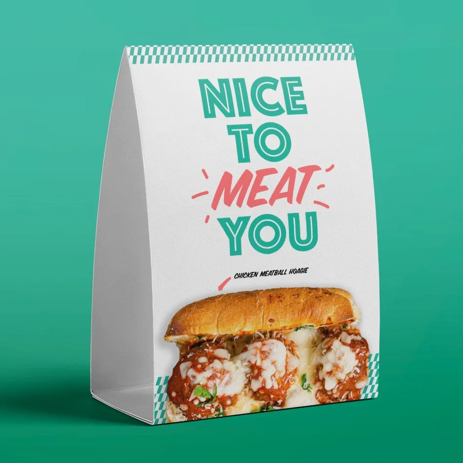 A ‘Nice to Meat You’ table tent promoting the chicken meatball hoagie