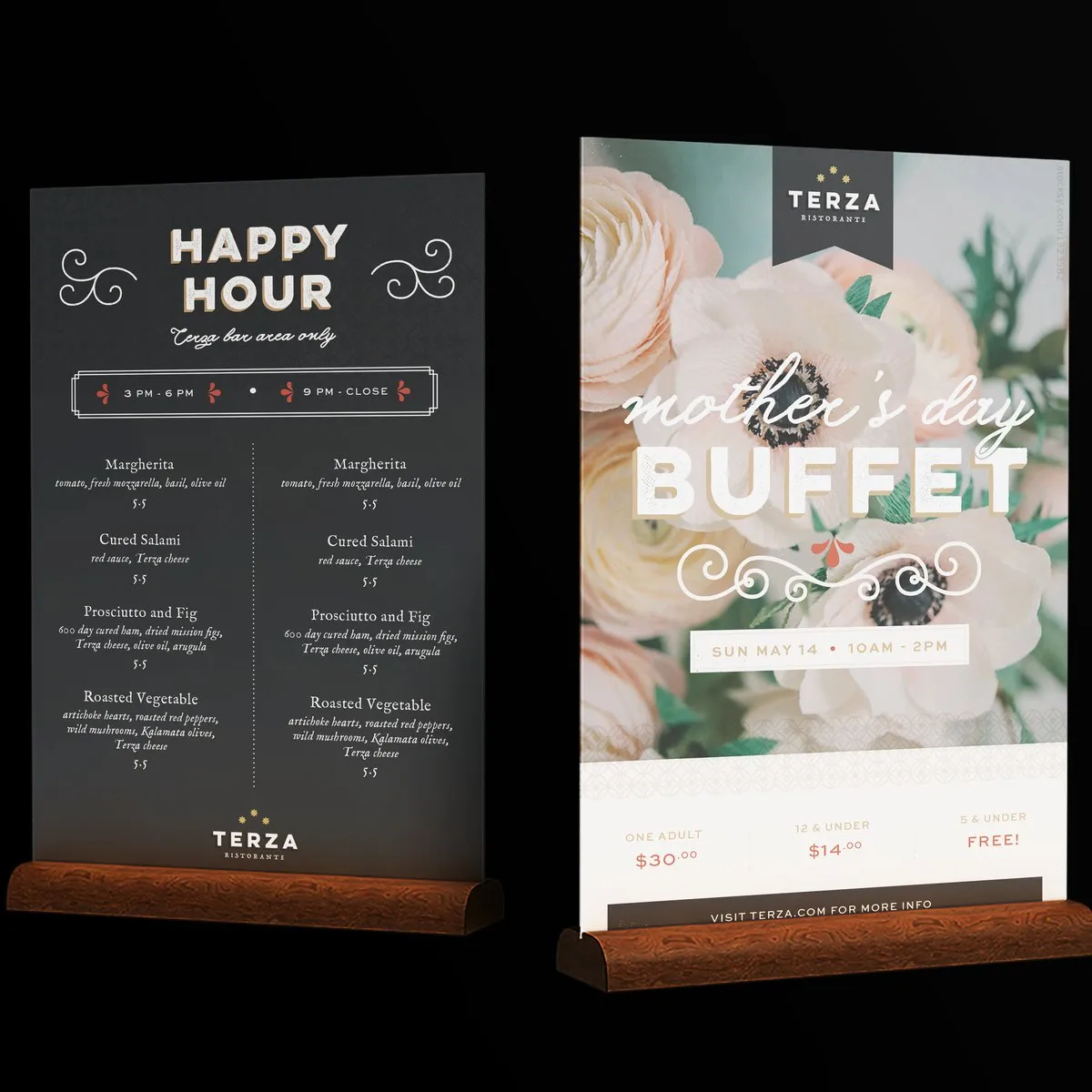 Two Terza table tents in wooden stands, one for happy hour and one for a Mother’s Day buffet