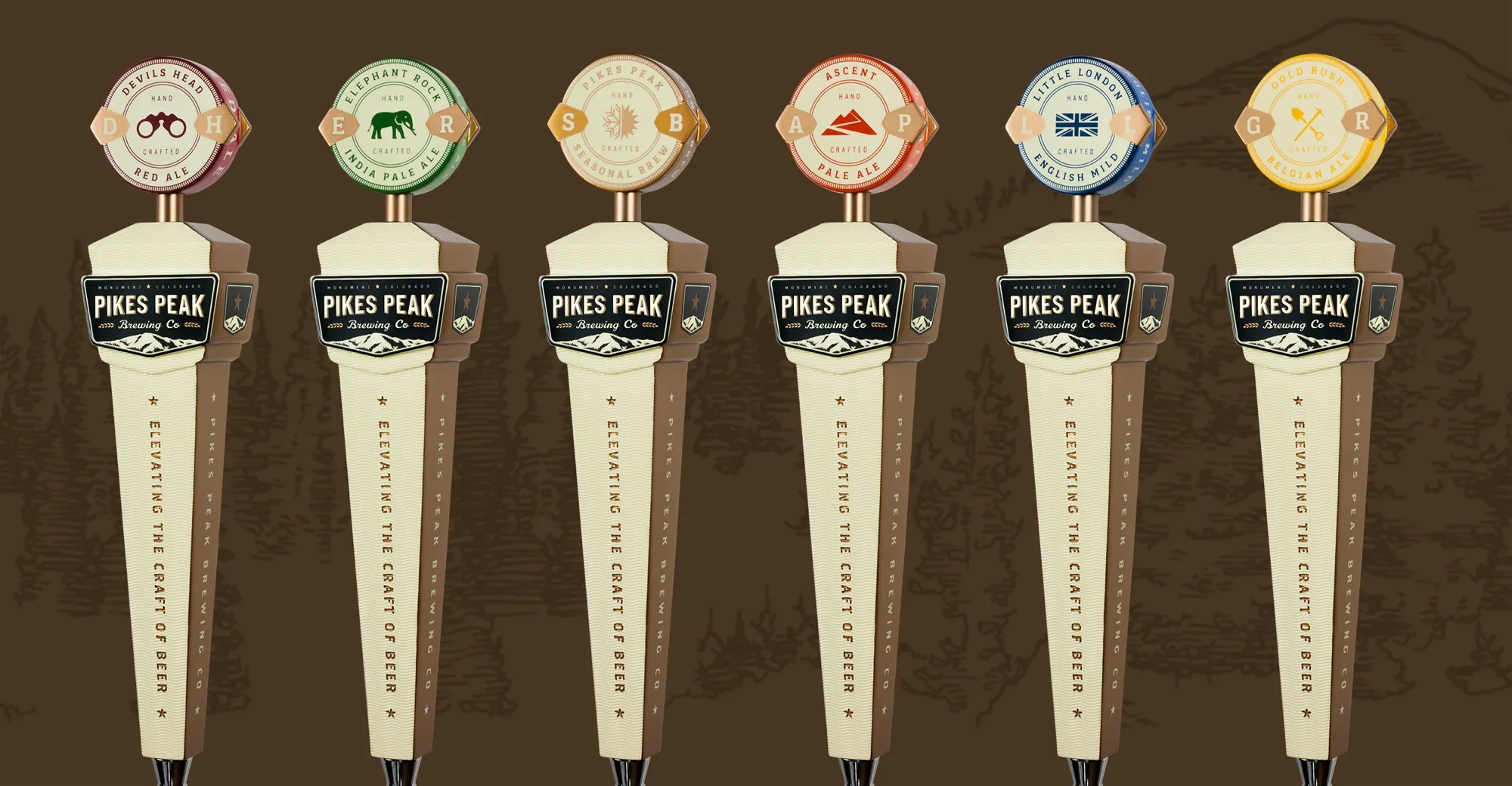Six tap handles in a row, each topped with its beer’s badge