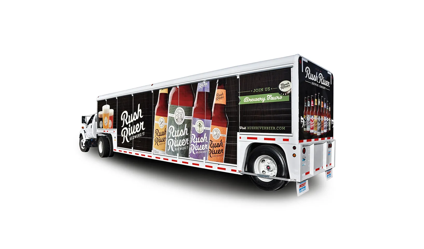 The Rush River delivery truck, its side wrapped in the bottle lineup