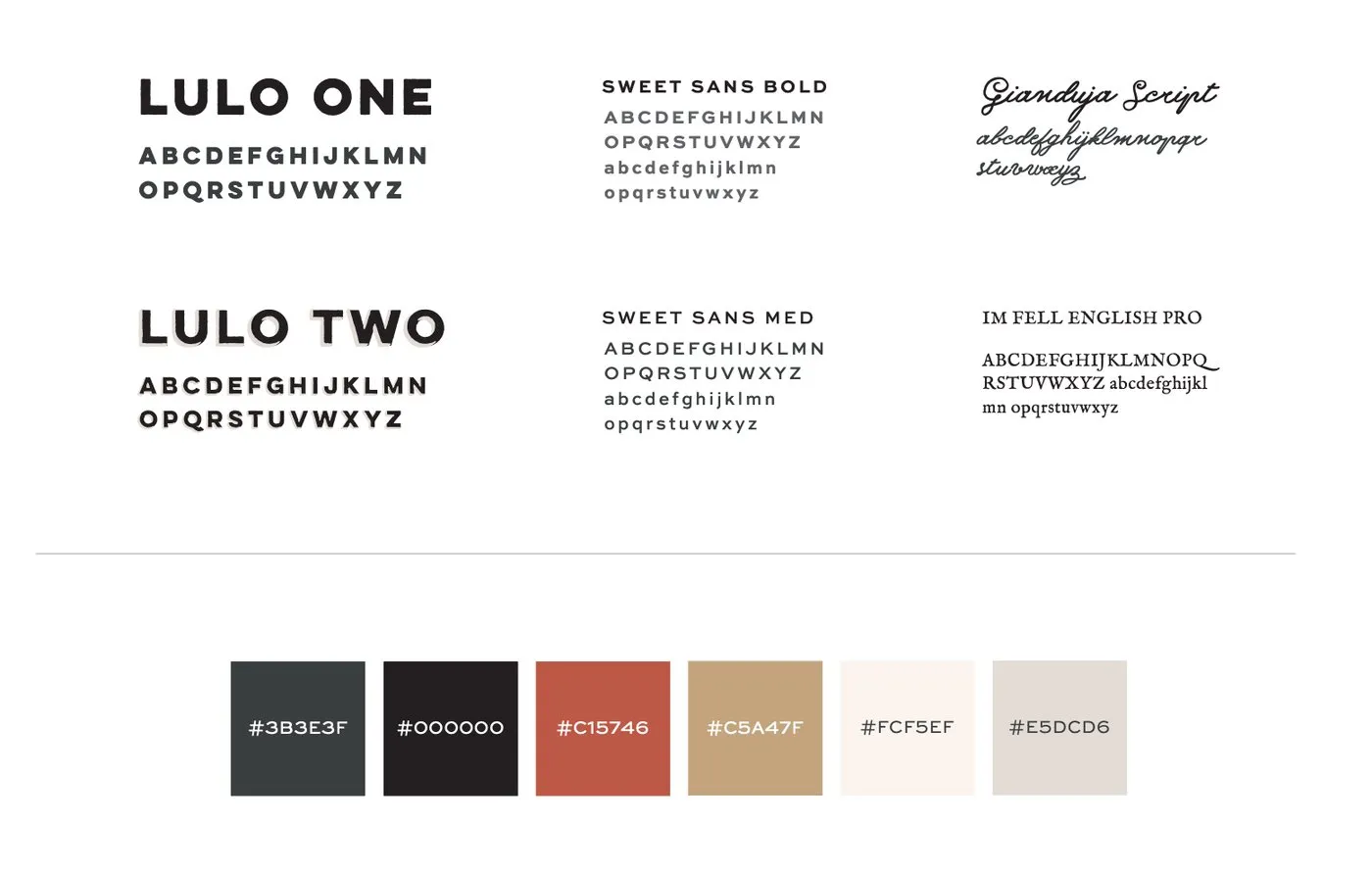 The Terza type specimen: two weights of Lulo set beside a script face, over the brand colour palette