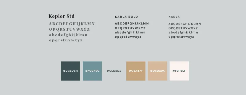 The La Vetta type and colour specimen: Kepler Std set out in regular, bold and italic above the blue-green, charcoal, cream and gold swatches