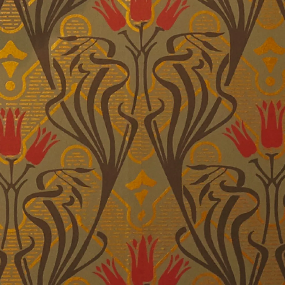 The custom Art Nouveau wallpaper: gold-printed tulip and stem forms in brown and red